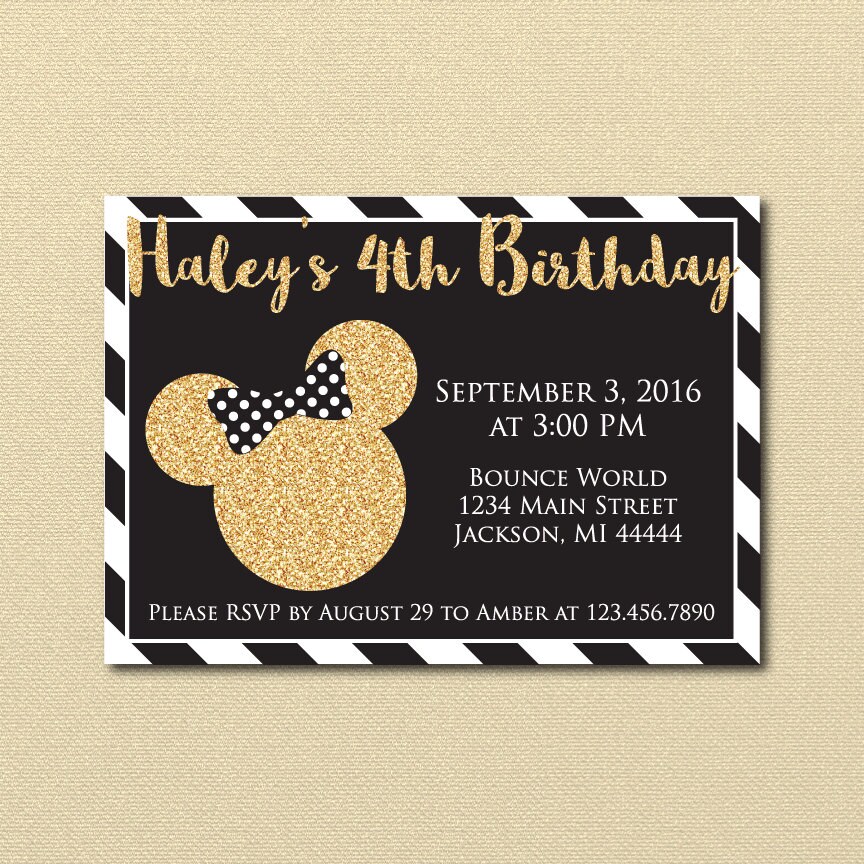 Invitacion De Minnie Mouse Negro Y Dorado Brillo Minnie Etsy