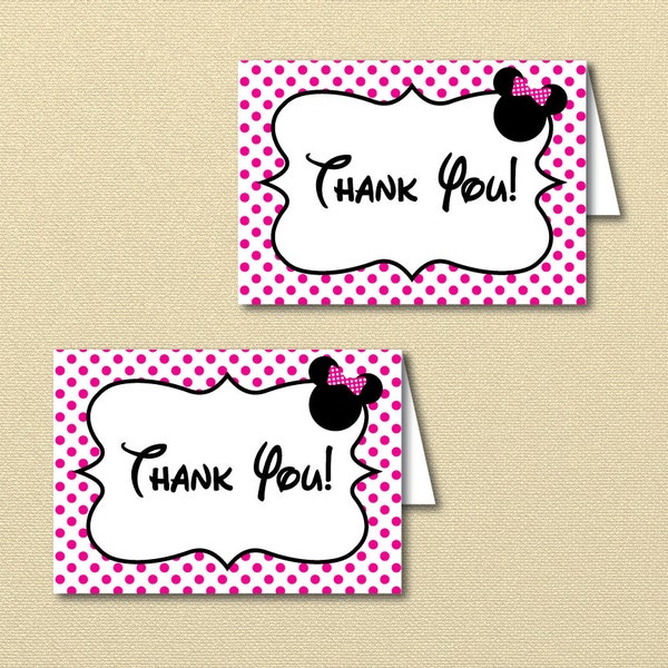 black and hot pink Minnie Mouse Thank you Card, Minnie Party, Minnie Baby Shower Thank You, Digital, Printable, Black and Pink Minnie Mouse