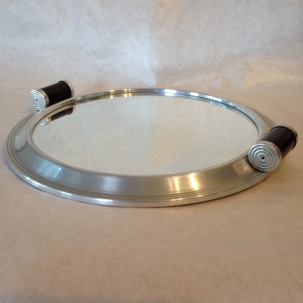 French Art Deco 1950s mirrored circular tray with zinc frame