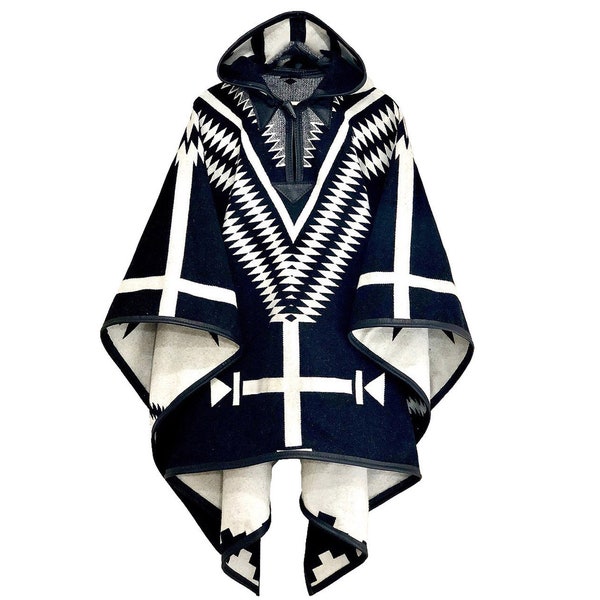 Riding Poncho in Los Ojos, black leather trim. Reversible.