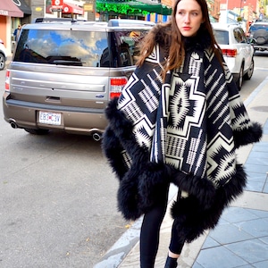 Hooded Riding Poncho in Reversible Walking Rock Black & White | Sheepskin Trim | Made in USA