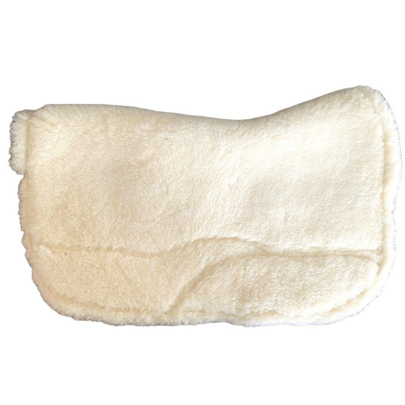 May include: A white sheepskin saddle pad with a soft, fluffy texture. The pad is designed to provide extra cushioning and comfort for the horse.
