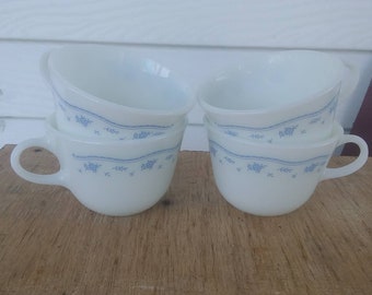 Vintage Pyrex Morning Blue Corning USA Coffee Cups Blue and White Floral Design Cups Tea Cups Drinkware Set of 4 Cups