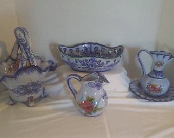 Cerámica Vestal Alcobaça Portugal vintage: Jarra, palangana, cuenco y cesta con motivos florales azules