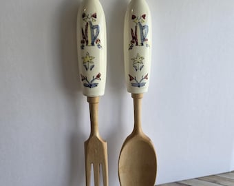 Vintage Japanese Wood and Ceramic Salad Fork and Spoon Set