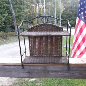 Vintage Wrought Iron Rattan Spice Rack Free Standing Shelf 2 Tiered Shelf