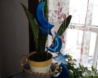 Carillón de viento de ágata azul con luna y estrellas: decoración celestial y caprichosa