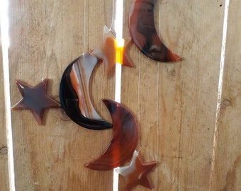 Carillón de viento de ágata marrón con luna y estrellas: decoración celestial y caprichosa