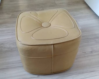 Vintage Mid Century Modern Yellow Upholstered Cube Foot Stool Vintage Ottoman Leg Rest Hassock