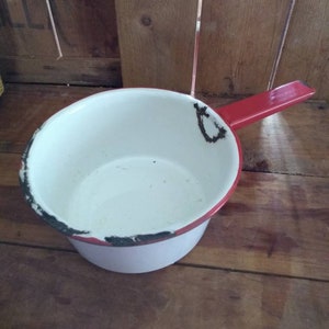 Vintage Red and White Enamel farmhouse pot saucepan stockpot cookware
