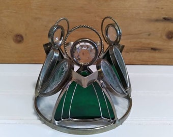 Stained Glass 3 Sided Angel Candle Holder Green Glass Votive Holder Guardian Angel