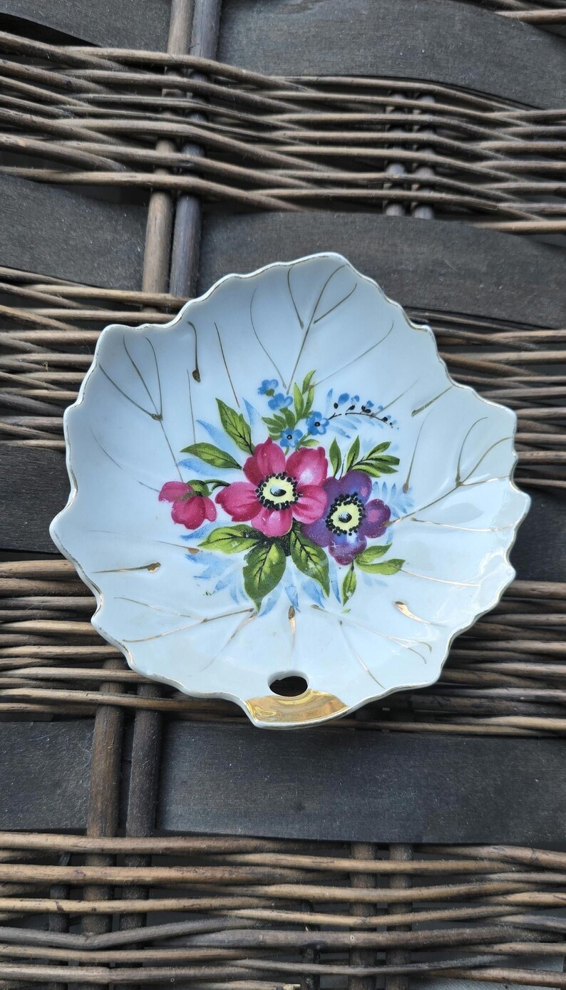 Vintage Leaf Shape Flowered Plate Made in Japan Trinket Holder Candy