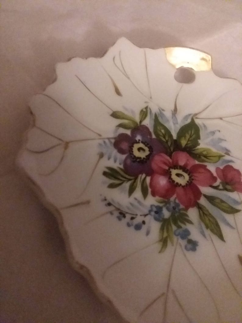 Vintage Leaf Shape Flowered Plate Made in Japan Trinket Holder Candy