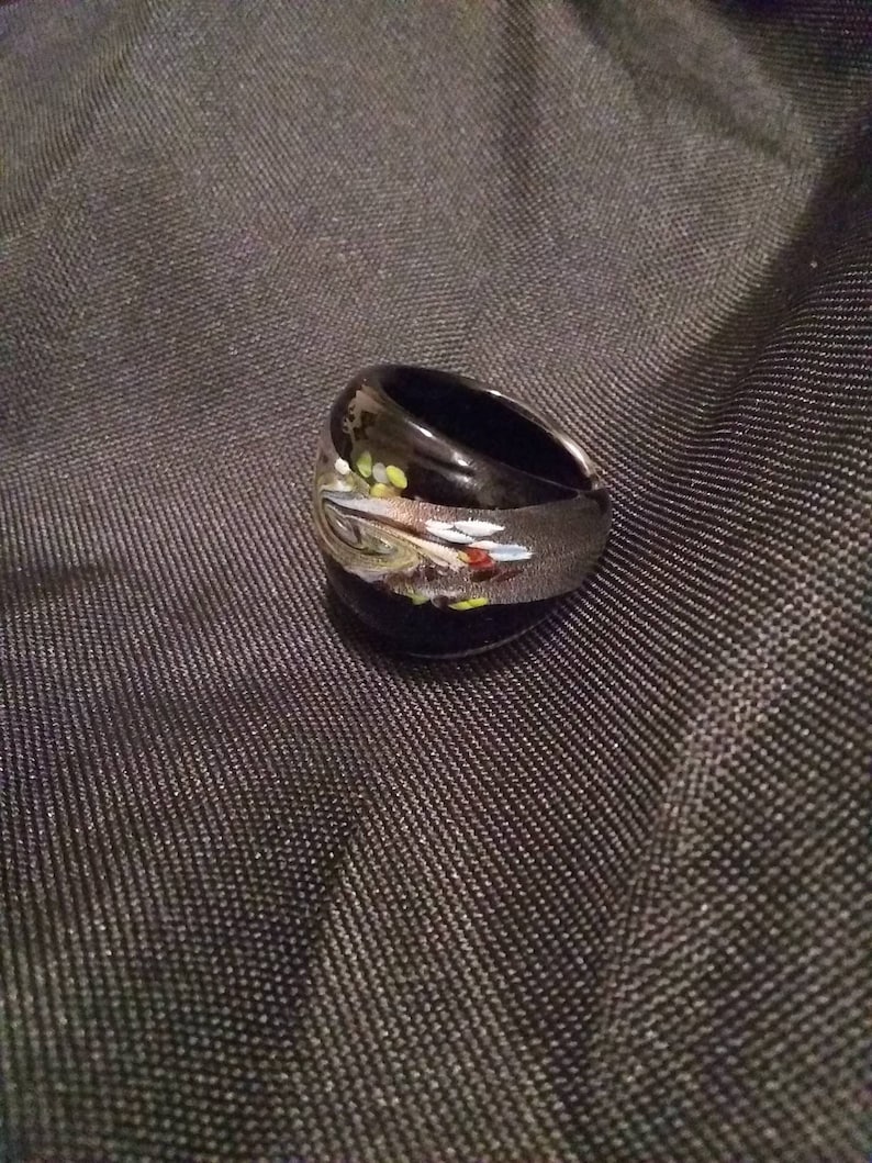Vintage Glass Hand Blown Ring Black and Silver Glass Jewelry Blown Glass Art image 1