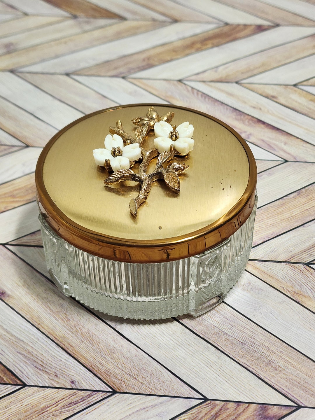 Vintage Glass Powder Box Jewelry Box Trinket Box Brass Floral Etsy