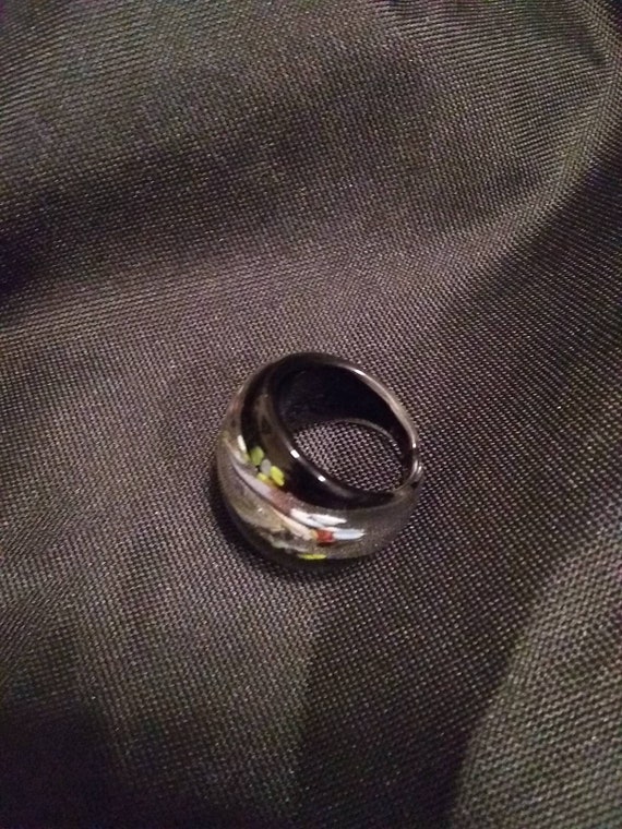 Vintage Glass Hand Blown Ring Black and Silver Gl… - image 9