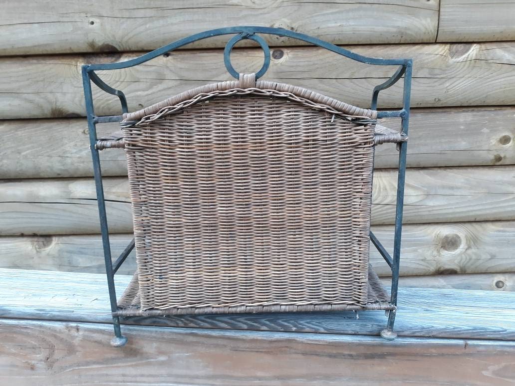 Vintage Wrought Iron Rattan Spice Rack Free Standing Shelf 2 Tiered ...
