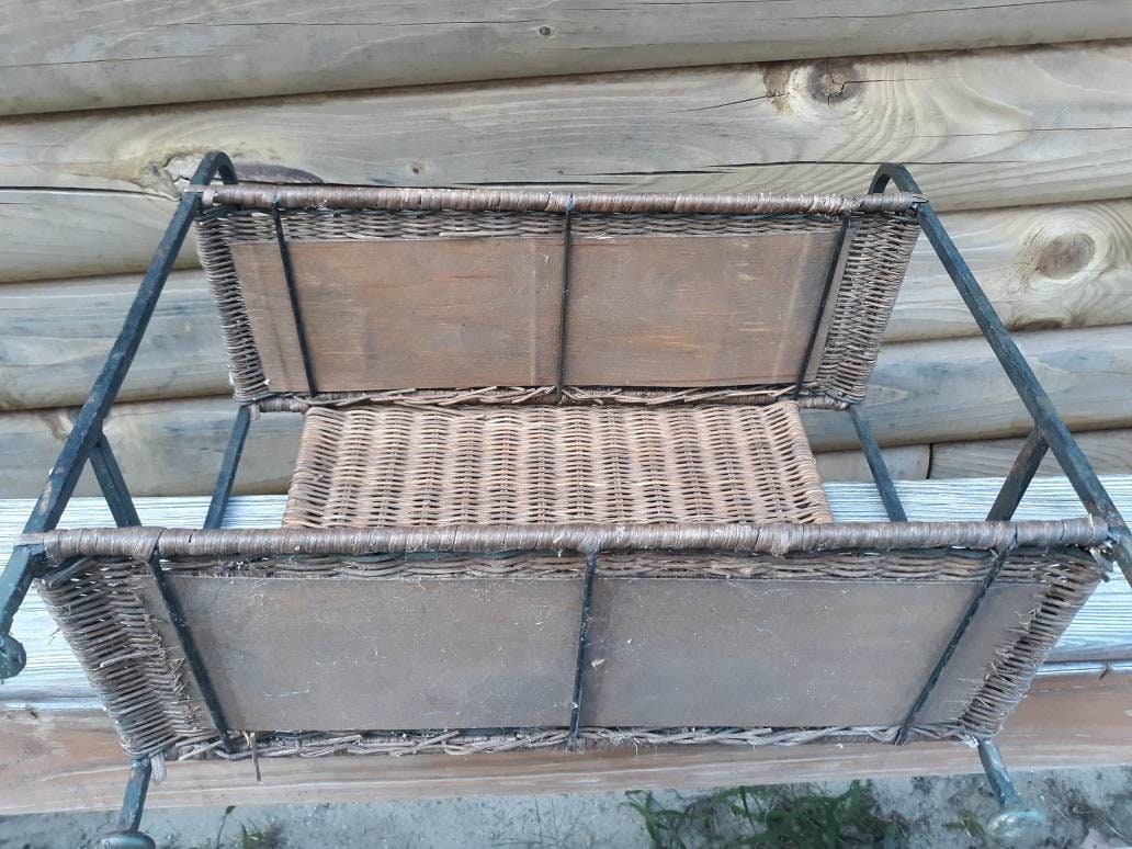 Vintage Wrought Iron Rattan Spice Rack Free Standing Shelf 2 Tiered ...