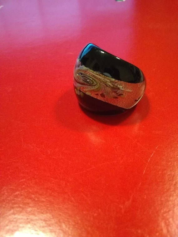 Vintage Glass Hand Blown Ring Black and Silver Gl… - image 6