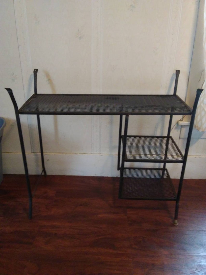 Vintage Wrought Iron Desk Antique Mesh Office Furniture Student Vanity 3 Shelf