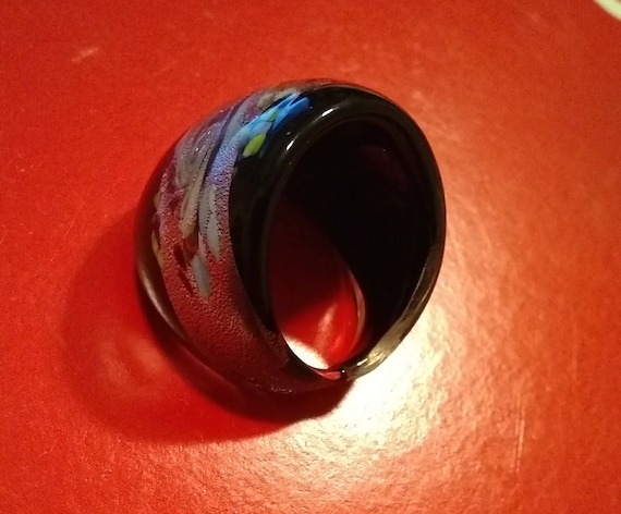 Vintage Glass Hand Blown Ring Black and Silver Gl… - image 5