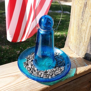 Blue Glass Bird Feeder Blown Glass Bubble Glass Hanging Bird Feeder