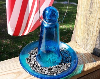 Blue Blown Glass Bubble Bird Feeder - Hanging Design