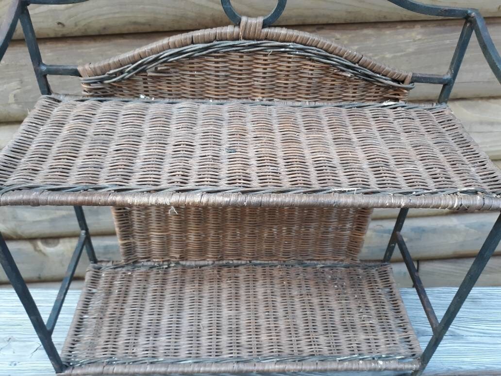 Vintage Wrought Iron Rattan Spice Rack Free Standing Shelf 2 Tiered ...