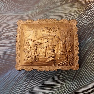 Vintage Embossed Japanese Gold Toned Trinket Box Elephant Themed Hinged Box