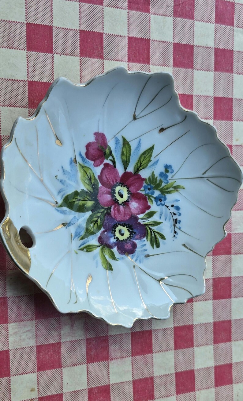 Vintage Leaf Shape Flowered Plate Made in Japan Trinket Holder Candy