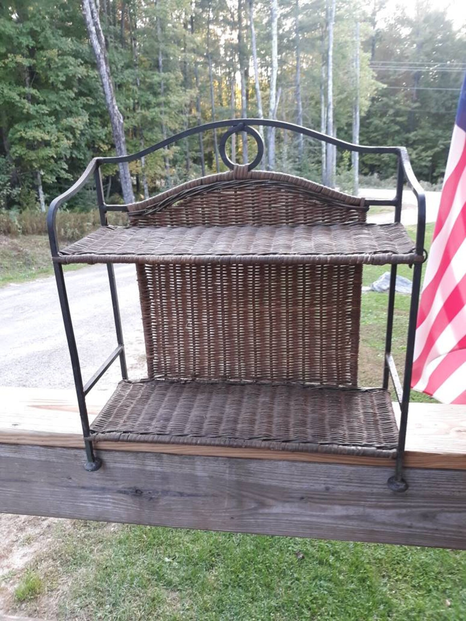 Vintage Wrought Iron Rattan Spice Rack Free Standing Shelf 2 Tiered ...