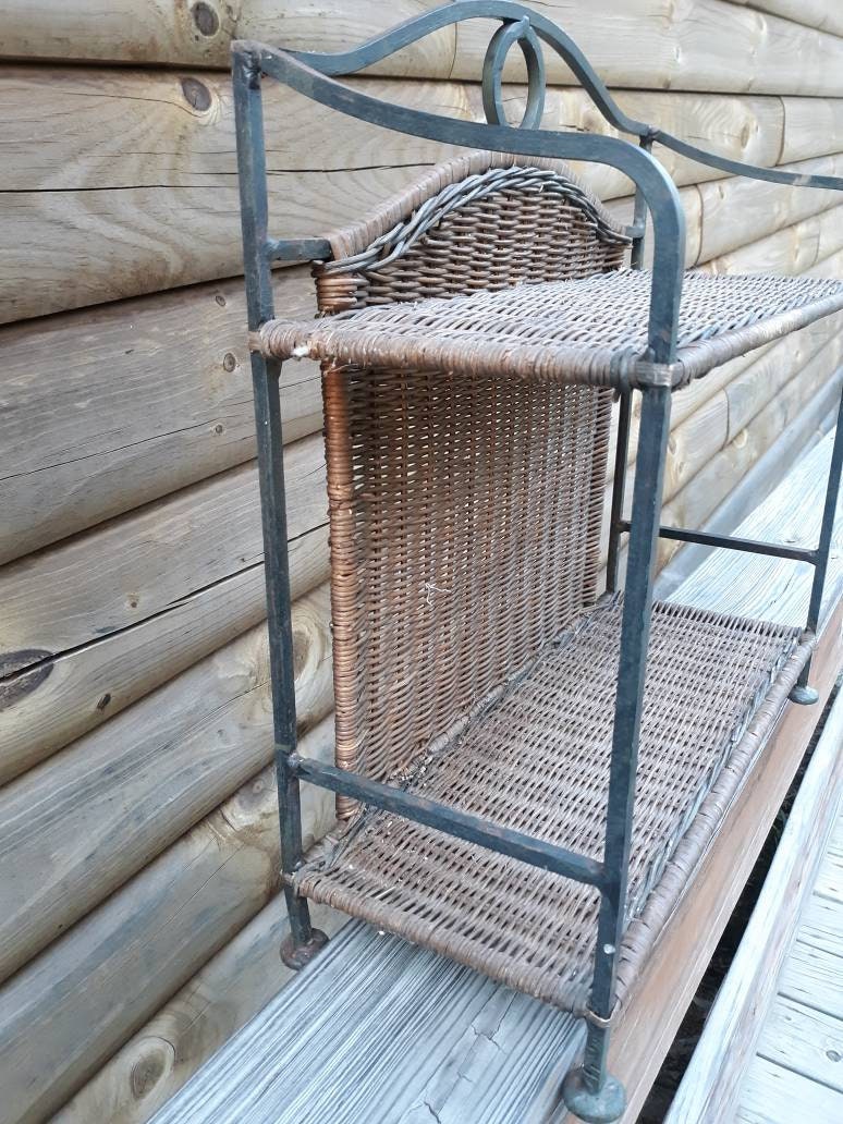 Vintage Wrought Iron Rattan Spice Rack Free Standing Shelf 2 Tiered ...