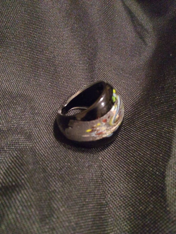 Vintage Glass Hand Blown Ring Black and Silver Gl… - image 7