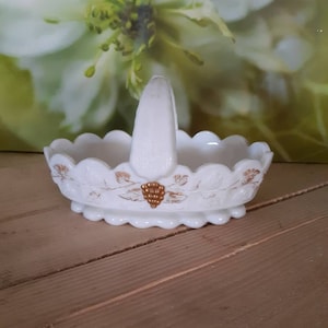 Vintage Westmoreland White Milk Glass Grape Pattern Split Handle Basket Candy Dish Gold Grape Design