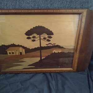 Vintage Wood Inlay Marquetry Serving Tray Landscape Scene