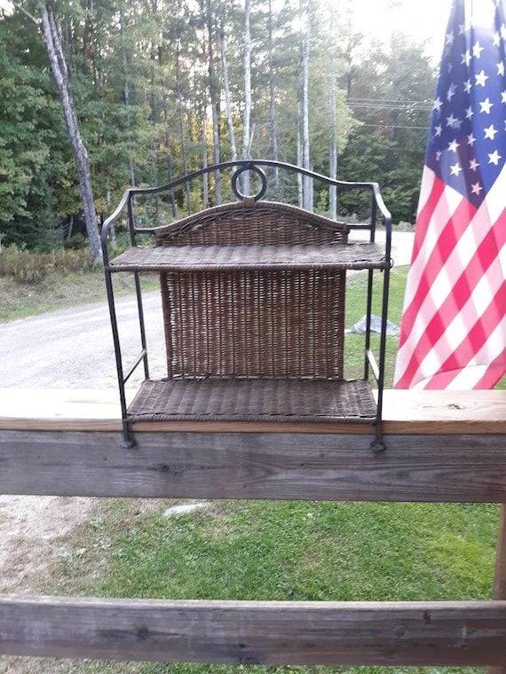 Vintage Wrought Iron Rattan Spice Rack Free Standing Shelf 2