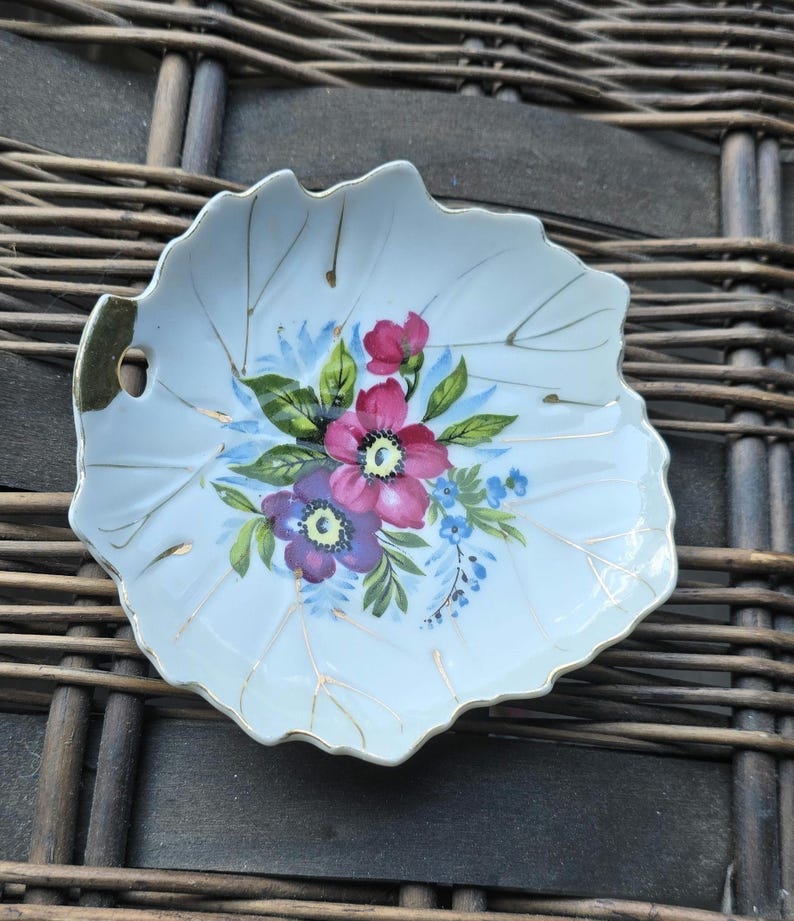 Vintage Leaf Shape Flowered Plate Made in Japan Trinket Holder Candy