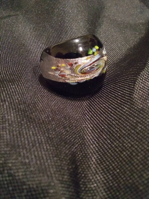 Vintage Glass Hand Blown Ring Black and Silver Gl… - image 2