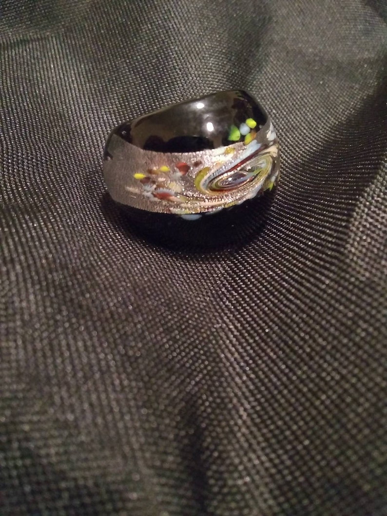 Vintage Glass Hand Blown Ring Black and Silver Glass Jewelry Blown Glass Art image 2