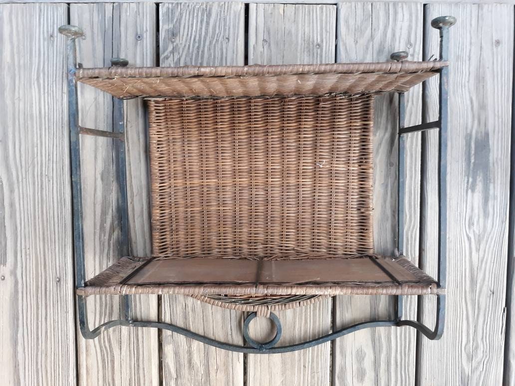 Vintage Wrought Iron Rattan Spice Rack Free Standing Shelf 2 Tiered ...