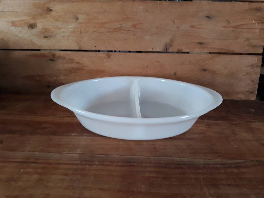 Vintage White Oval GlasBake Divided Casserole Dish Ovenware Bakeware Milk Glass White Serving Bowl