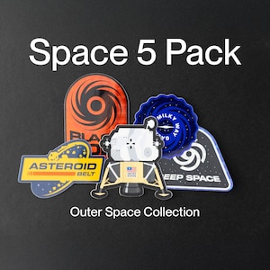 Holographic Space Sticker 5 laptop decals variety pack - Outer Space travel adventure - Mission badge patch