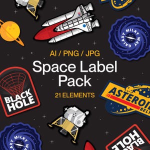 Pacote de elementos digitais do espaço sideral - baixe rótulos, ícones, ilustrações e emblemas - Modelos Ai EPS JPG PNG para Canva Word Adobe mais