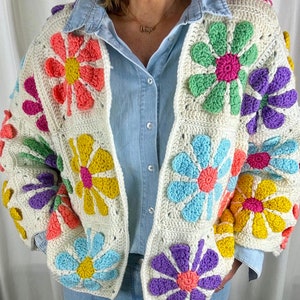 Vintage Daisy Granny square cardigan long flared sleeves mesh sweater Bolero shrug afbeelding 3