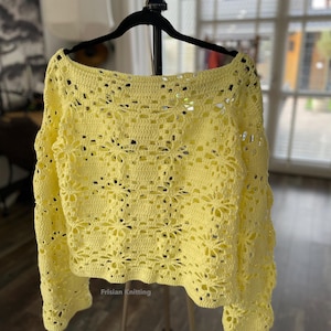 Jersey de crochet con flores, top corto y mangas largas acampanadas | Patrón de crochet | Suéter de malla | Bolero | Bolero imagen 5