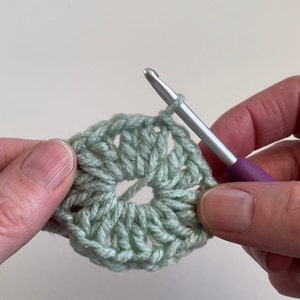May include: A close-up of a crocheted flower in a light green color. The flower is being worked on with a purple crochet hook.