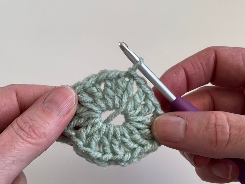 May include: A close-up of a crocheted flower in a light green color. The flower is being worked on with a purple crochet hook.