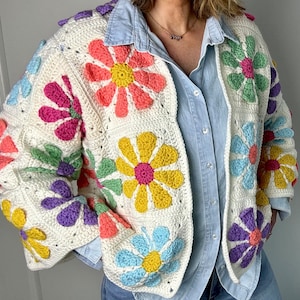 Vintage Daisy Granny square cardigan long flared sleeves mesh sweater Bolero shrug afbeelding 5