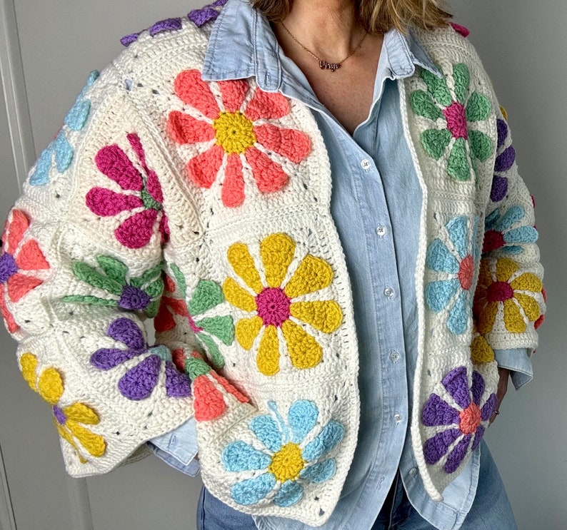 Vintage Daisy Granny square cardigan long flared sleeves mesh sweater Bolero shrug afbeelding 5