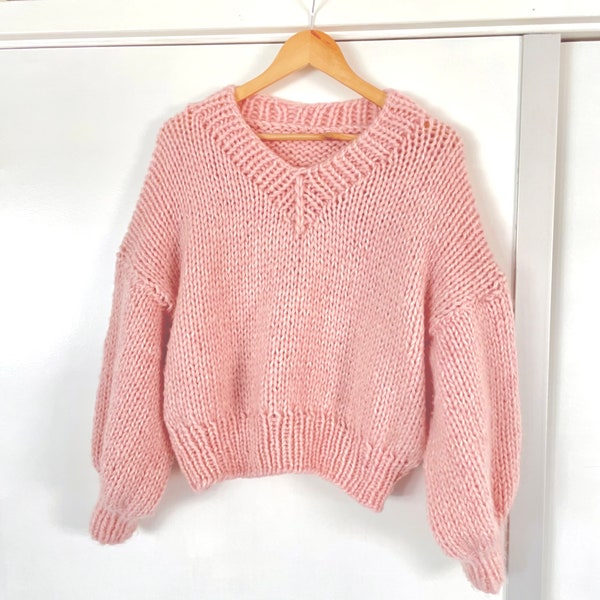 Knit pattern chunky sweater | Mohair V-neck | seamless | beginner friendly | instant download - petite knit